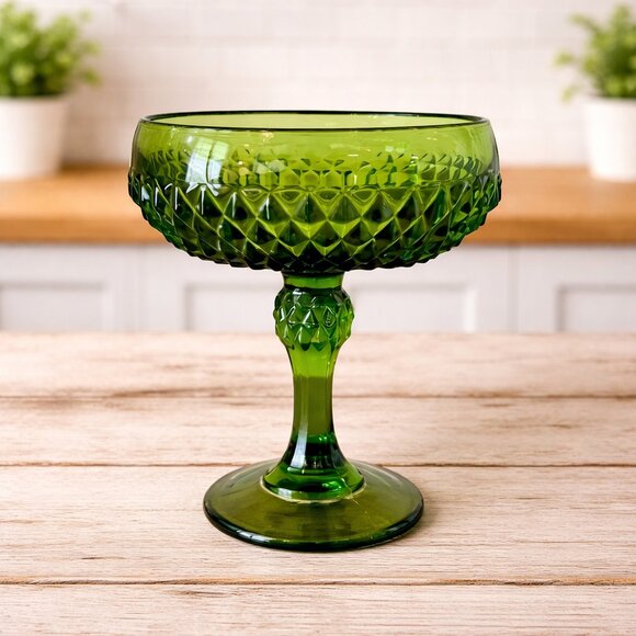 Vintage Other - Vintage Green Pressed Glass Compote Goblet | Diamond Pattern | Retro Home Decor
